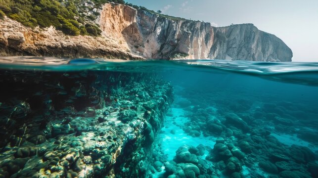 The underwater texture and marine life in the Ionian Sea near Zakynthos, Greece.