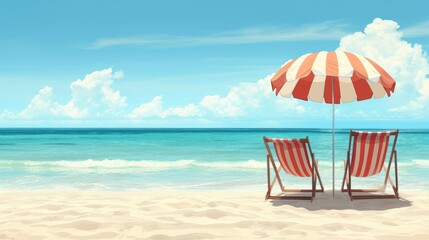 two chairs and an umbrella on a tranquil beach banner. Ai Generated