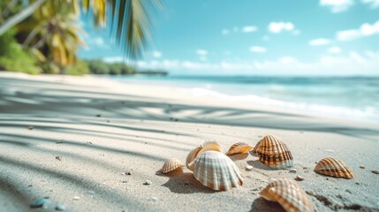 Fototapeta na wymiar tropical beach adorned with seashells on soft sand. Ai Generated