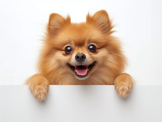 Happy cute pomeranian peeking out and hanging its paw on blank poster board against white background. Blank copyspace for text.