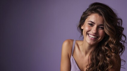 Argentinian woman in her 20s with beautiful wavy hair posing smilingly against a light purple background, studio shot, space for advertising - obrazy, fototapety, plakaty