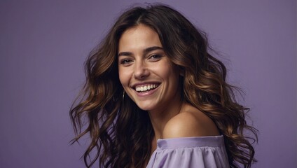 Argentinian woman in her 20s with beautiful wavy hair posing smilingly against a light purple background, studio shot, space for advertising - obrazy, fototapety, plakaty