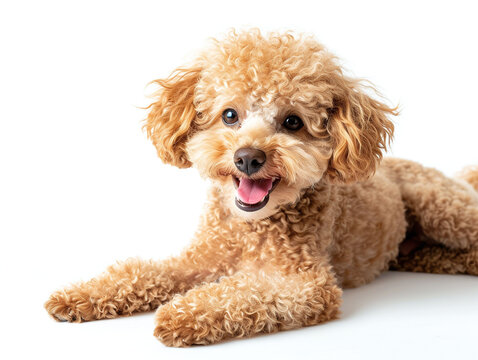 Cute toy poodle laying down on white floor isolated on white studio background. full length shot.
