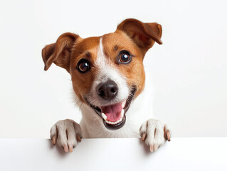 Happy cute jack terrier dog peeking out and hanging its paw on blank poster board against white...