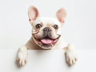 Happy white french bulldog peeking out and hanging its paw on blank poster board against white background. Blank copyspace for text.