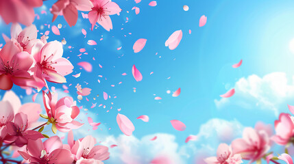 Fototapeta na wymiar Pink cherry blossom petals flying in the sky, background with copy space for text. Spring floral wallpaper, blooming sakura flowers, nature landscape banner. 