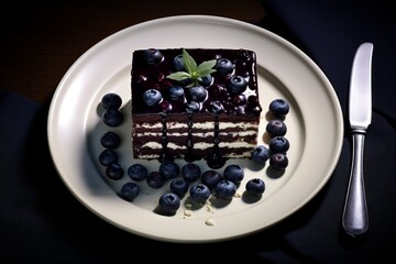 A delicious slice of blueberry cheesecake on a dark background, perfect for culinary blogs or dessert menu features.