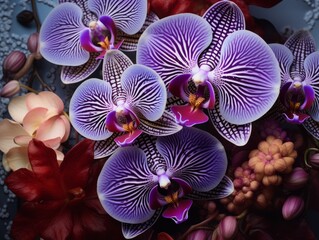 A cluster of orchids with a purple hue in full bloom, showcasing the vibrant diversity and life