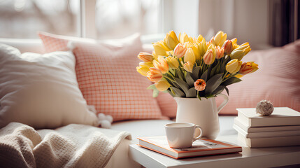Cozy apartment with spring decor close-up
