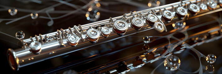 Elegantly Designed Silver JL Smith Flute on a Music Themed Background Ready to Play Melodious Tunes
