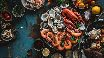An opulent seafood platter overflowing with fresh crustaceans and shellfish, embodying the essence of a coastal feast, perfect for seafood markets, culinary arts, and gastronomy-focused content. - obrazy, fototapety, plakaty