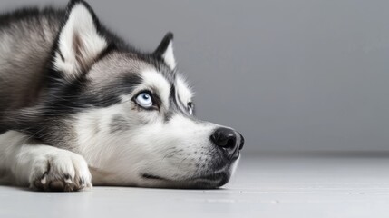 Obraz premium A Siberian Husky lies down, gazing into the distance with striking blue eyes, ideal for pet-themed content and animal welfare campaigns , banner with a copy space.