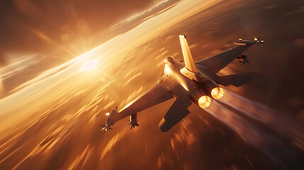 Jet fighter F-16 Fighting Falcon flying through the sky with incredible speed, sunset background