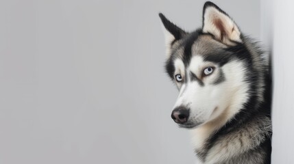 The watchful eyes of a Siberian Husky captured in a close-up, perfect for highlighting the breed's majestic and intelligent nature in animal portraits or breed awareness materials, with a copy space.