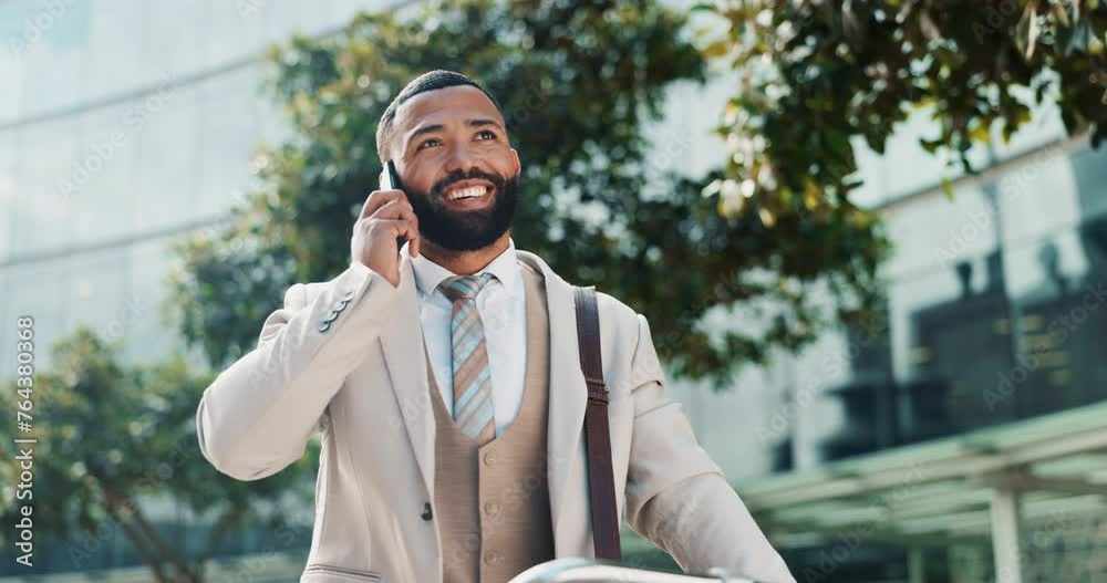 Poster happy, businessman or conversation with phone call for communication or networking in city. young ma