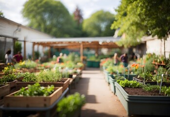 Fototapeta na wymiar Blurred image of an urban community garden center, generative AI