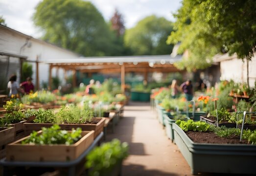 Blurred image of an urban community garden center, generative AI