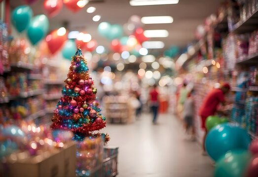 Blurred image of a festive party supply store, generative AI