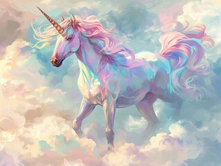 Obraz na płótnie Canvas A mystical unicorn galloping among the clouds, reflecting fantasy and imagination, ideal for fairy tales illustrations or art projects.