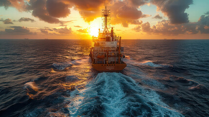 A large industrial ship is sailing in the ocean with the sun setting in the background