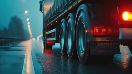 Truck wheels rolling on the asphalt under overcast skies, viewed from below
 - Powered by Adobe