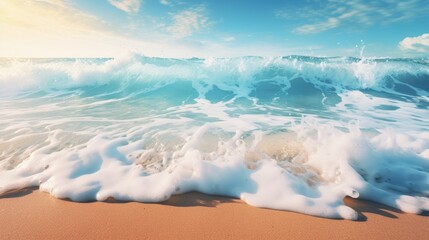 Powerful waves gracefully break on the sandy shore, a mesmerizing display of nature's force. Ai Generated