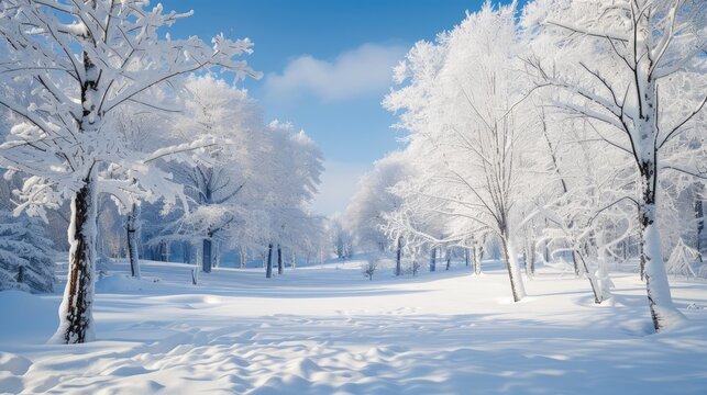 Enchanting winter landscape with trees cloaked in snow, a serene forest adorned in nature's white attire. Ai Generated