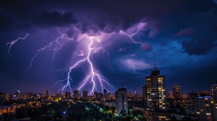 Lightning illuminates the city night, casting dramatic flashes that reveal the cityscape in a striking and electrifying display. Ai Generated.