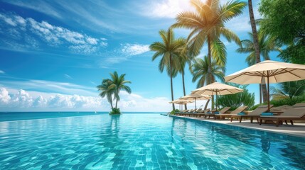 Luxurious swimming pool with loungers, umbrellas, palm trees, and sea under a blue sky. Ai Generated