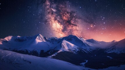 Enchanting view of the magical Milky Way above snow-capped mountains on a winter night. Ai Generated