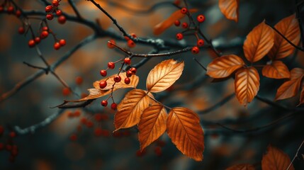 Moody autumnal scene featuring dry tree leaves adorned with red wild berries against a blurred...