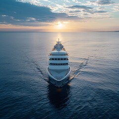An exclusive glimpse into luxury travel with a beautiful white cruise ship sailing the ocean at dawn, embodying the essence of summer vacations and exclusive tourism