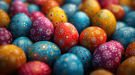Fototapeta na wymiar colored Easter Eggs with white hand painted flowers and dots.