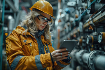 A woman in a yellow jacket is looking at a tablet while wearing a hard hat