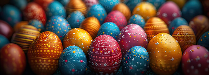 Fototapeta na wymiar colored Easter Eggs with white hand painted lines and dots. wide resolution and format. 