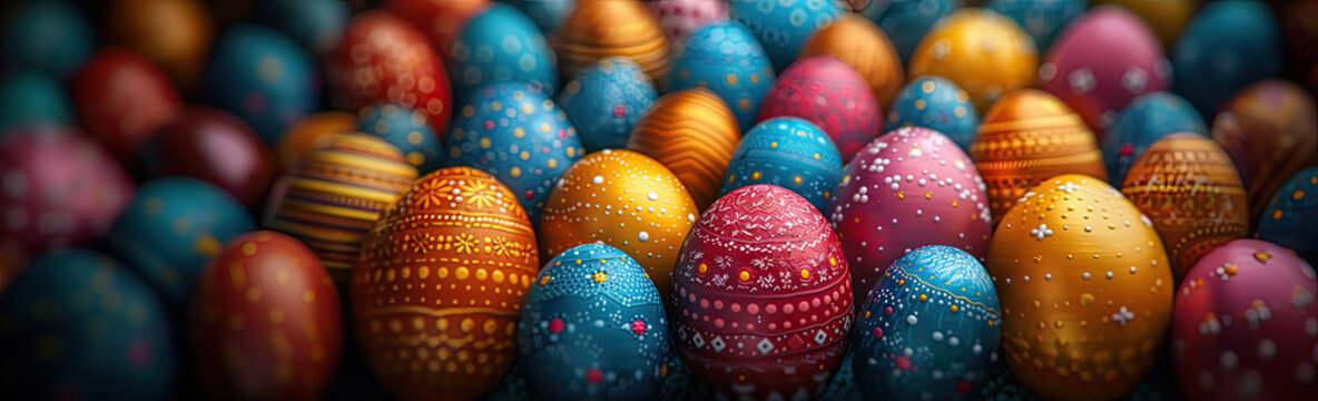  colored Easter Eggs with white hand painted lines and dots. ultra wide resolution and format. 