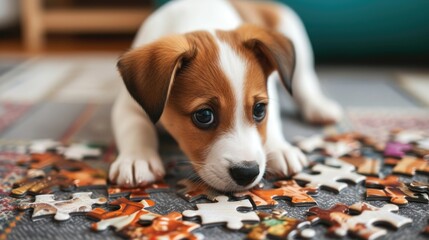 Adorable top view of a cute puppy solving a jigsaw puzzle, playful and clever. Ai Generated - obrazy, fototapety, plakaty