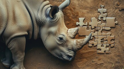 Fototapeta na wymiar Adorable rhinoceros immersed in jigsaw puzzle fun, Ai Generated.