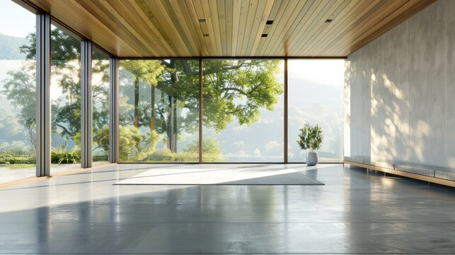 Modern empty hall room contemporary style with nature view background. AI generated image