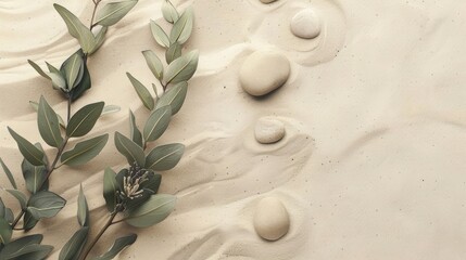 Tranquil composition of sage twig and pebble rocks on sandy surface. Ai Generated