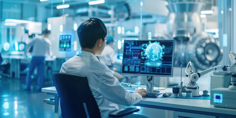 A doctor man is sitting at a computer in a lab, working on a project