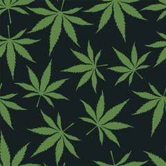 Vector Seamless Pattern with Flat Cannabis Leaves. Hemp, Cannabis Green Leaf on a Black Background. Seamless Print with Medical Marijuana. Vector Illustration