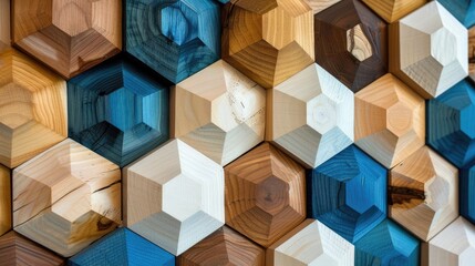 Obraz premium Front view of a geometric fall crafted from 3D wooden hexagons, Ai Generated.