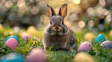 Fototapeta na wymiar easter bunny and easter eggs on grass 