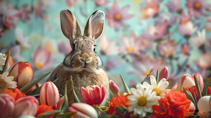 Fototapeta na wymiar rabbit in flowers and tulips 
