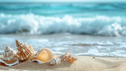 tropical beach adorned with seashells on soft sand. Ai Generated