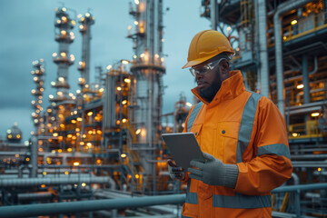 A man in a yellow hard hat is looking at a tablet while standing in front of a large industrial plant