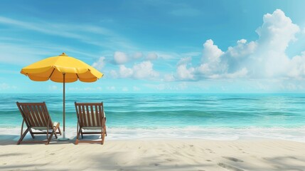 two chairs and an umbrella on a tranquil beach banner. Ai Generated