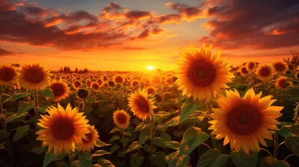 Rolgordijnen vibrant sunflowers basking in the setting sun's warmth. Ai Generated © Crazy Juke