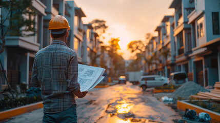 A man wearing a hard hat is standing on a street looking at a blueprint